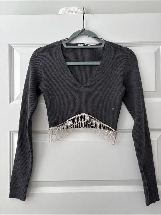 NEVER WORN! Charcoal V-Neck Cropped Sweater with Rhinestone Fringe