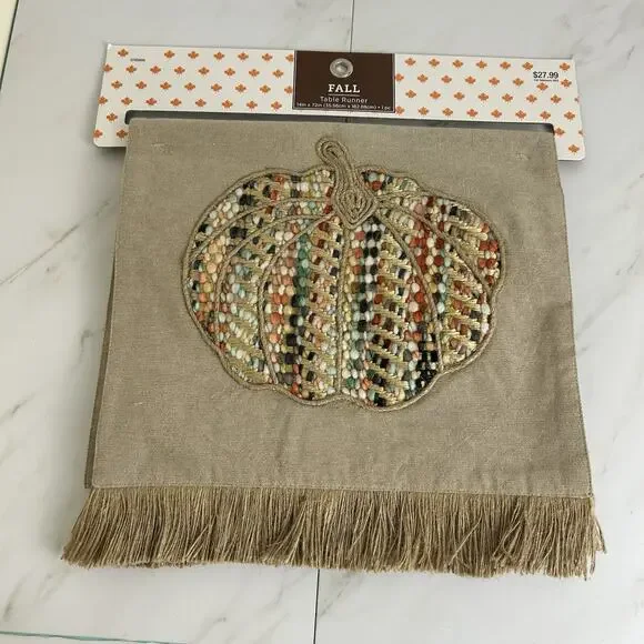 Multicolor Pumpkin Embroidered Beige Table Runner 14