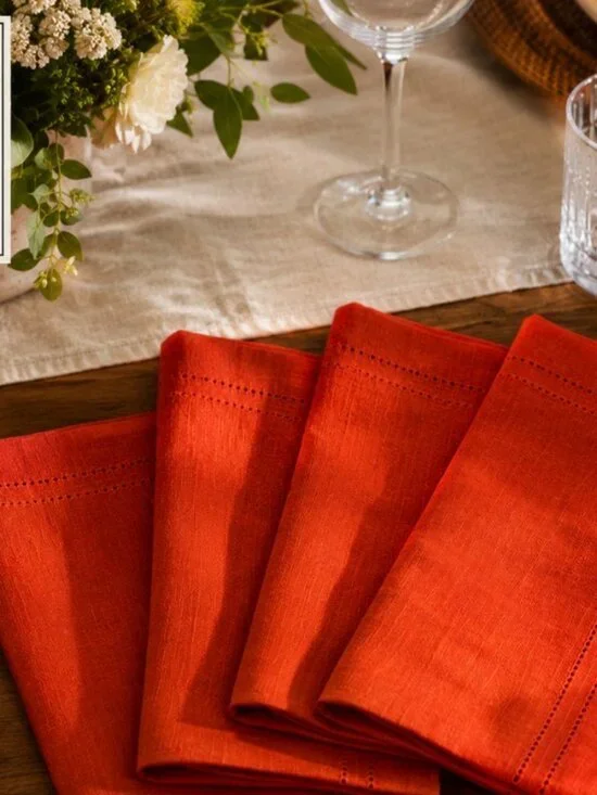 Williams Sonoma Linen Double Hemstitch Napkins Set of 4 Orange 20x20 100% Linen