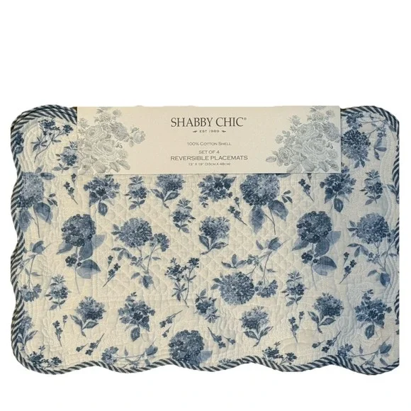 NEW Shabby Chic Set Of 4 Scalloped Edged Blue White Hydrangea‎ Quilted Placemats