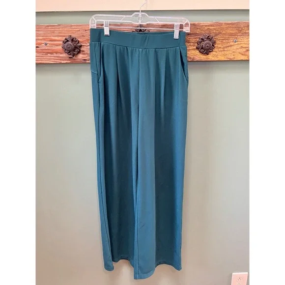 Halara Teal Green‎ Ribbed Wide Leg High Waisted Pleated Pockets Pants Small