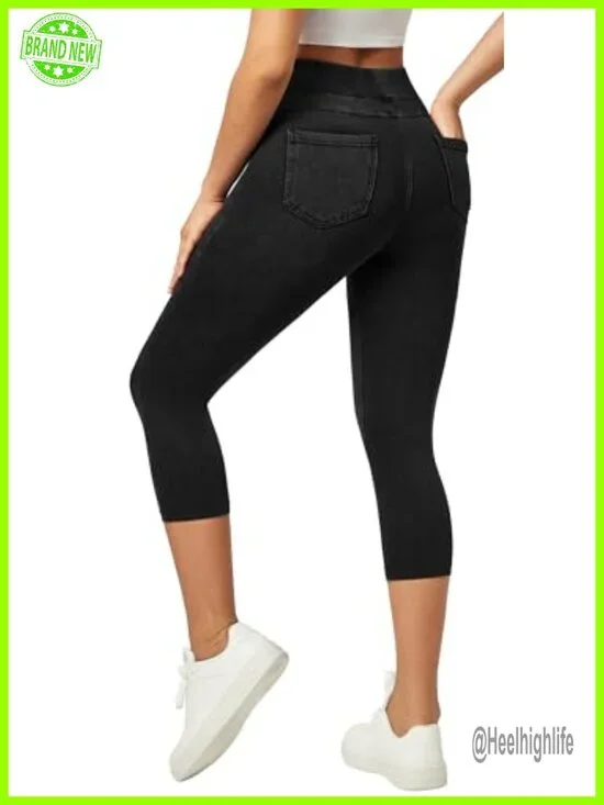 Capri Jeans for Women Stretchy High Waisted Pull On Jeggings with Pockets