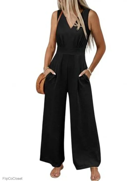 Women's Sleeveless V-Neck Wide Leg Jumpsuit Romper Casual Summer Vacation