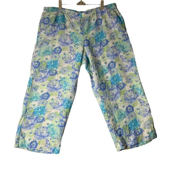J. Jill Women 100%‎ Linen Green Blue Floral Cropped Pockets Pants Sz Large