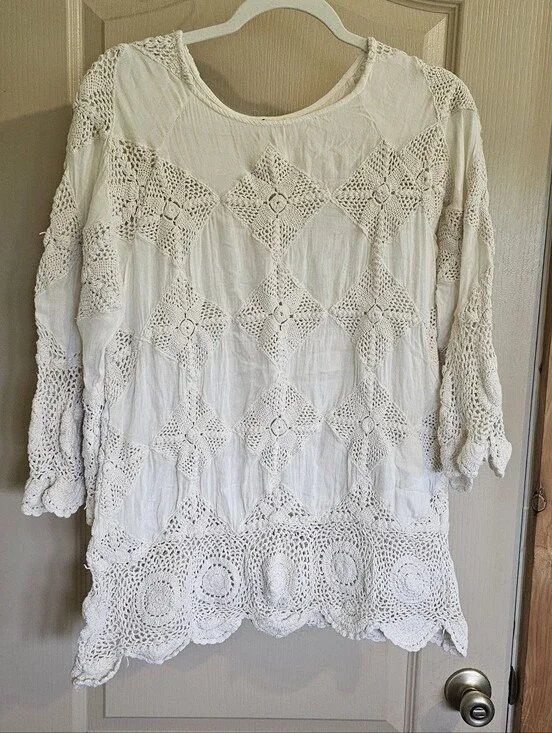 Free People Clarissa Crochet White Long Sleeve Top Medium