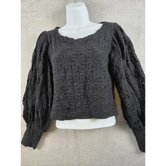 FREE PEOPLE Balloon‎ Sleeve Lace Top Womens L Black Whimsigoth Vamp Open Back