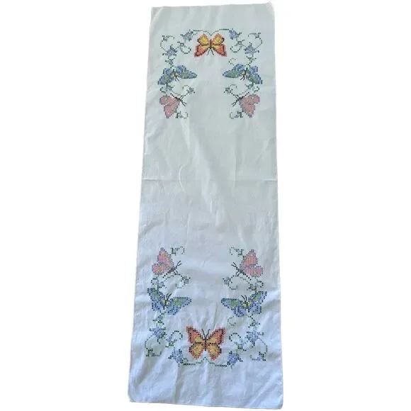 Vintage Cross Stitch Butterfly Table Runner Floral Embroidery White Linen