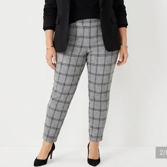 LOFT Gray Plaid Pull On Pants XL Stretch Slim Skinny Office‎ Workwear Y2K
