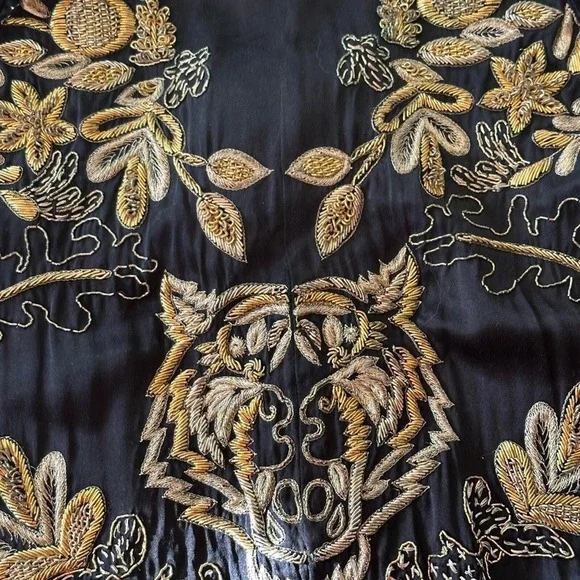 Ginebra Prive Irina Silk Jumpsuit SZ SM Black Bullion‎ Tiger Embroidery