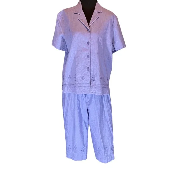 VTG Petite M Periwinkle Linen Blend Embroidered‎ Shirt and Pants Set Coastal Y2K