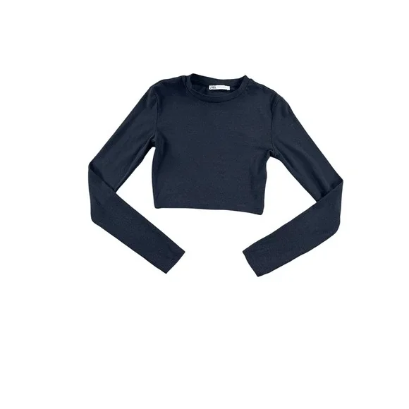 Zara Womens Black Long Sleeve Crew Neck Crop Top Size Small 0598