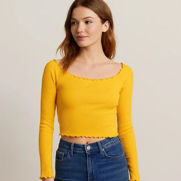 H&M Sz S Juniors Crop Top Ribbed‎ Knit Lettuce Hem Coquette Festival Baddie Y2K