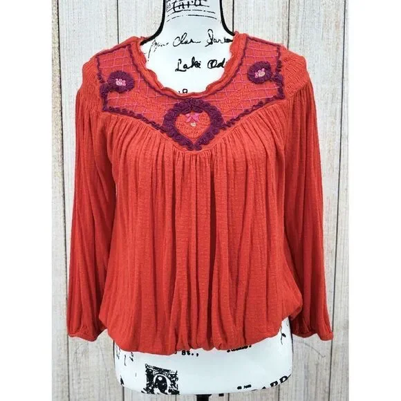 Free People Size Small Begonia Embroidered‎ Peasant Top Blouse Orange Bohemian