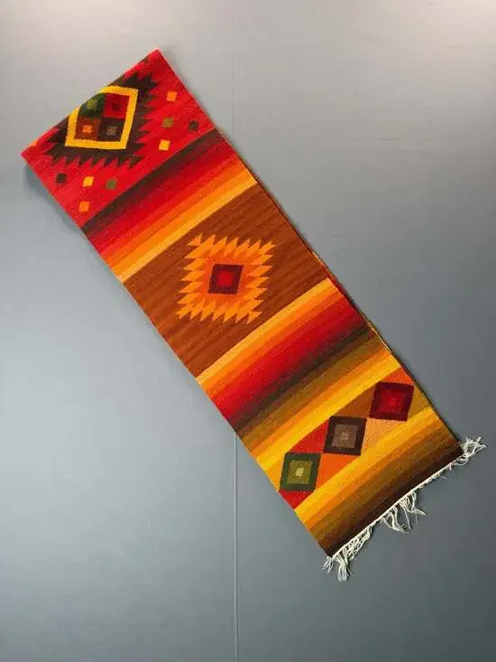 Vintage 68x11” Hand Woven Southwestern Wool Table Runner Geometric Aztec Design