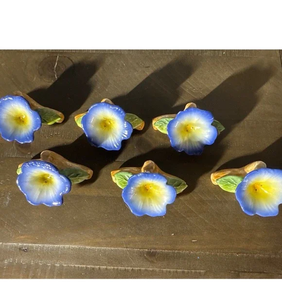 Vintage 1985 Pia Bone China Blue Morning Glory Napkin Rings Set of 6 Floral