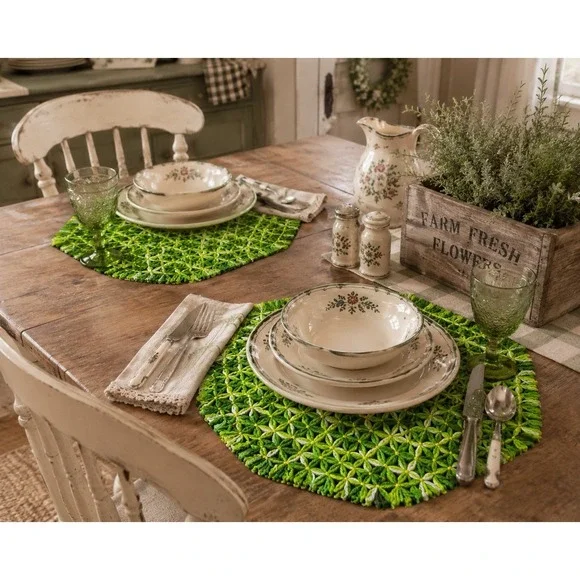 Retro crochet 70s placemats Yarn Green/Yellow 16x10 groovy set of 2 Hand made