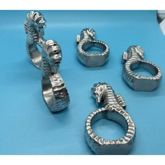5 Vintage Seahorse Napkin Rings Set Ocean Coastal Art Deco table beach heavy 3.5
