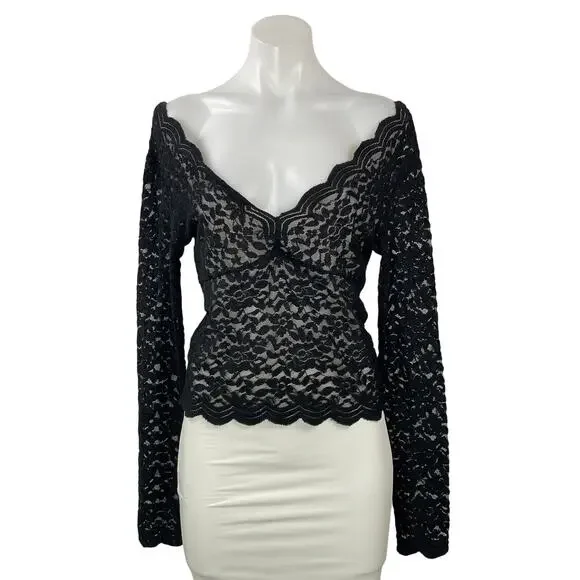Zara Women's Black Long Sleeves Floral Lace Sheer Plunging V-neck Blouse Top L