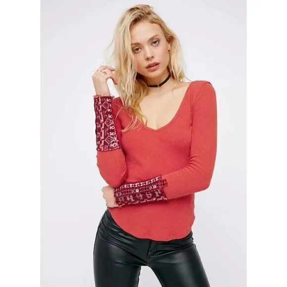 New! FREE PEOPLE Art School Cuff Thermal Waffle Knit Top Long Sleeve Size XS Red