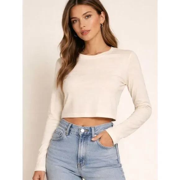 Reformation XS Cream Organic Cotton Long Sleeve Cropped Tee Top
