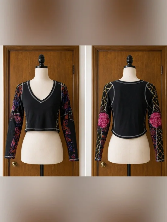 Free People Top Black Floral Embroidered Long Sleeve Crop Small Grunge Floral
