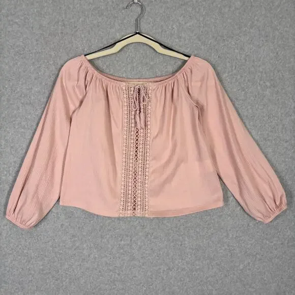 H&M Crochet Gauze Crop Blouse Small Pink Crinkle Boho Cottage Puff Feminine