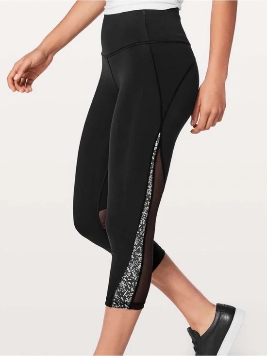 lululemon athletica Black High-Rise Capri Leggings with Patterned Hem