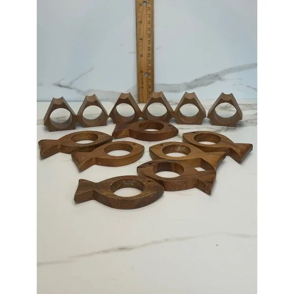 Vintage Wooden Napkin Rings Set of 13 Fish and Geometric Shapes Philippines Wood