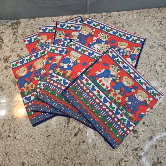 Vintage Teddy Bear Cloth Napkins 8 Red Blue Cottagecore Kitchen Linens UNUSED