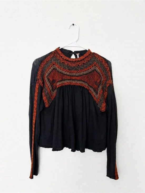 Free People Black Long-Sleeve Blouse with Rust Embroidery
