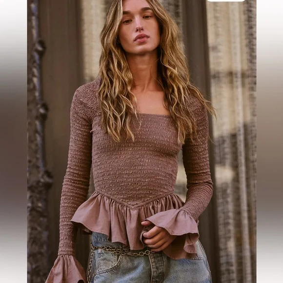 Free People Tropical Vibes Smocked Peplum Long Sleeve Top-Brown