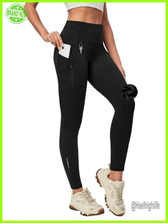 Fleece Lined Waterproof Hiking Leggings with Pockets High Waist Winter Running