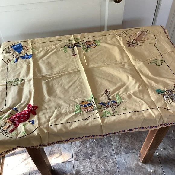 Vintage Kitschy Embroidered Southwest Aztec Yellow Tablecloth Table Linens