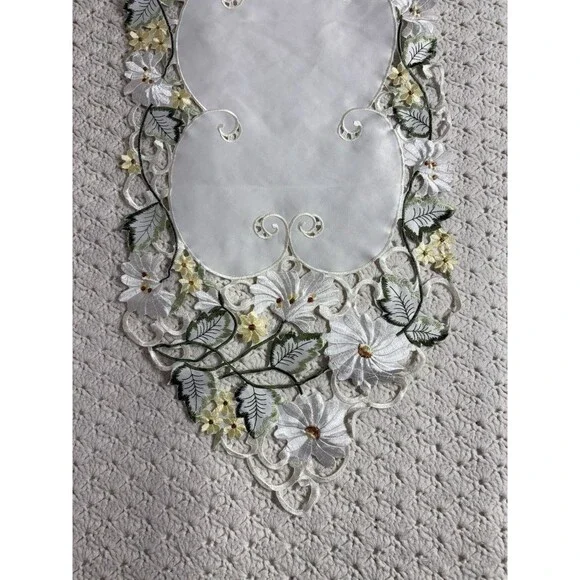 White Embroidered Floral Table Runner, Scalloped Cutout Edge 58”x 13”