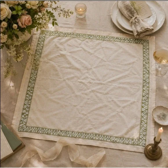 Vintage Tablecloth Linen Blend Floral Border 37x37 Cream Farmhouse Retro Scandi