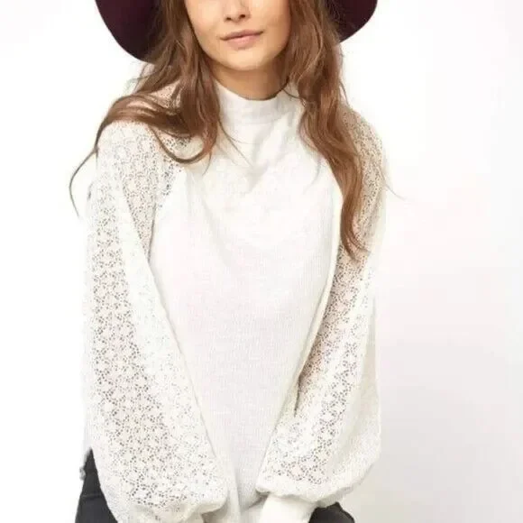 ✨Free People Sweetest Thing Thermal/Lace White Long Sleeve Sz Small Top✨