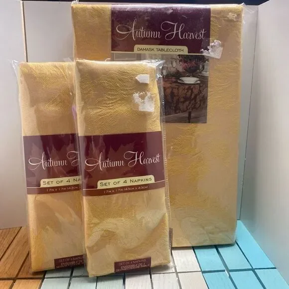 Autumn Harvest Damask Tablecloth Gold Wheat + 8 Napkins Thanksgiving Fall Bundle