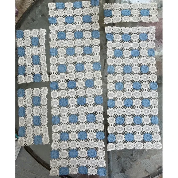 Vintage Crochet Lace Table Runner Set Blue White Floral 5 Piece Cottagecore