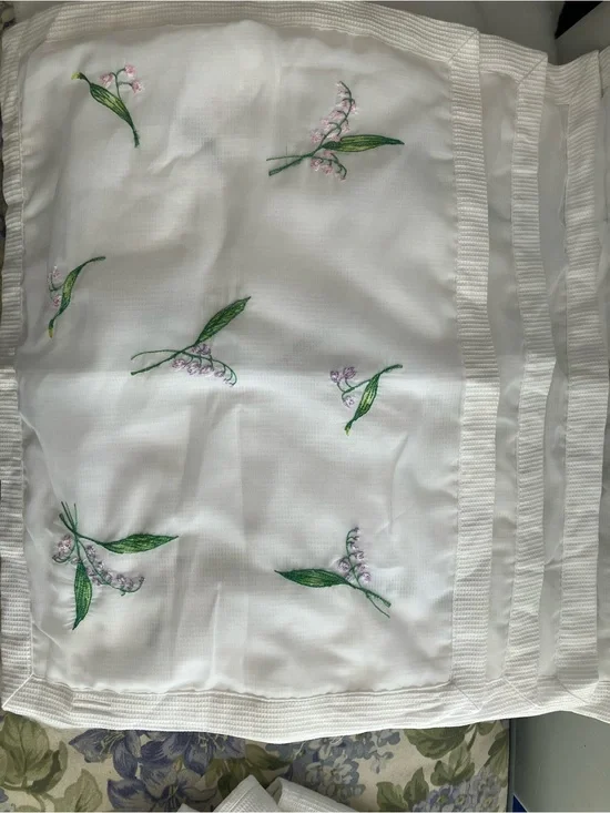 White Embroidered Lily-of-the-Valley Placemats & Napkins- Delicate Floral Accent