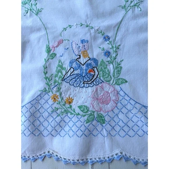 Vintage Embroidered Table Runner White Linen Blue Crochet Trim Crinoline Lady