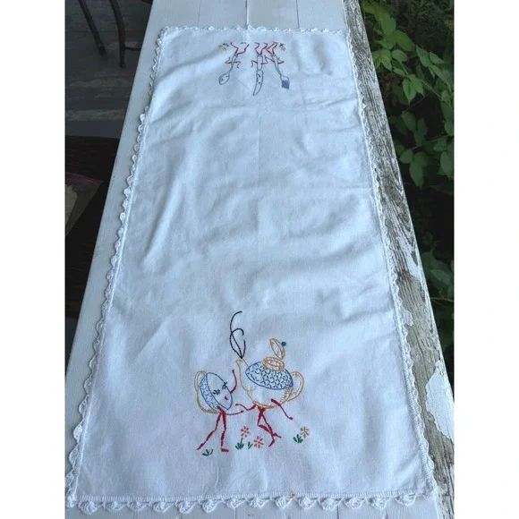 Vintage Embroidered Table Runner White Linen Anthropomorphic Tea Party 36x16