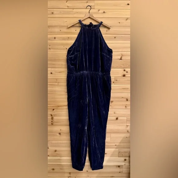 Loft XL Indigo Crushed Velvet Halter Relaxed Jumpsuit Pockets Fall Velour Party
