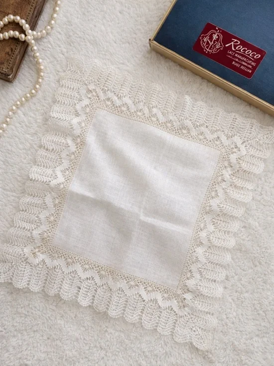 Vintage Bruges Belgium Bobbin Lace Handkerchief Rococo Boxed Linen Bridal Hankie