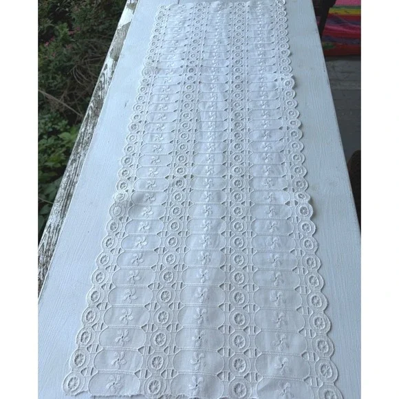 Vintage White Eyelet Lace Table Runner Embroidered Floral Cutout Rectangular