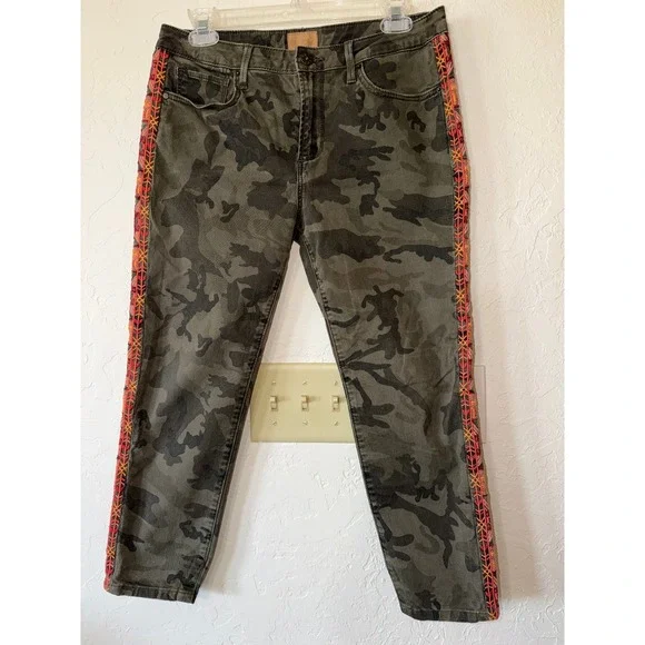 Camo Aztec Embroidery Pants Driftwood Jackie Sz‎ 28 Boho Chic Festival