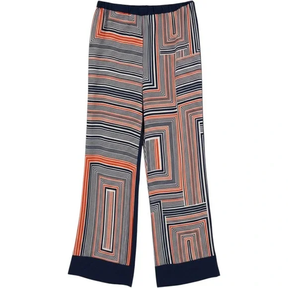 Trina Turk Silk Wide Leg Geometric Pants Navy Orange White Womens Luxury Resort