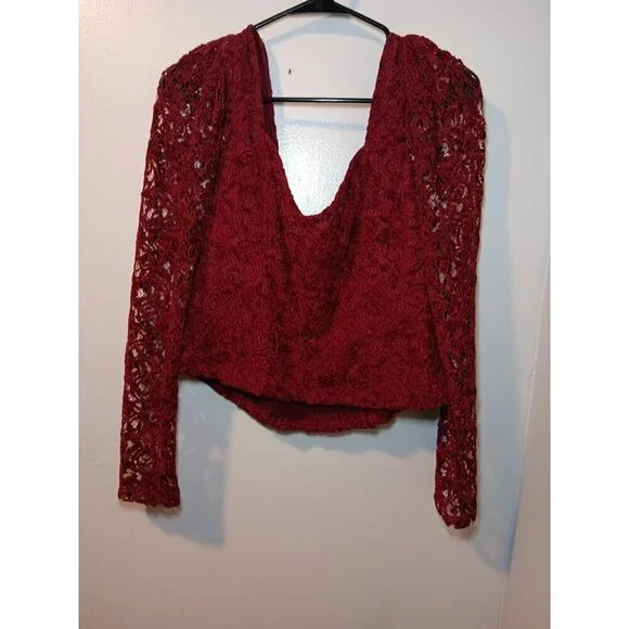 Anthropologie Deep Wine Burgundy Red Lace Sleeve Sweetheart Blouse Size Large