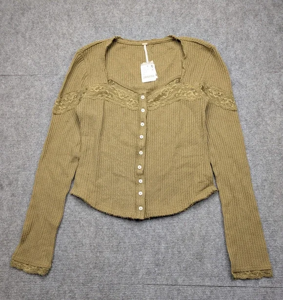 Free People Lets Party Cardi Womens Medium Waffle Thermal Boho Cottage Y2K Top