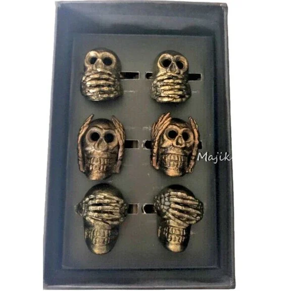 Rachel Zoe Skull Napkin Rings See Hear Speak No Evil Dark Gold Metal Set of 6