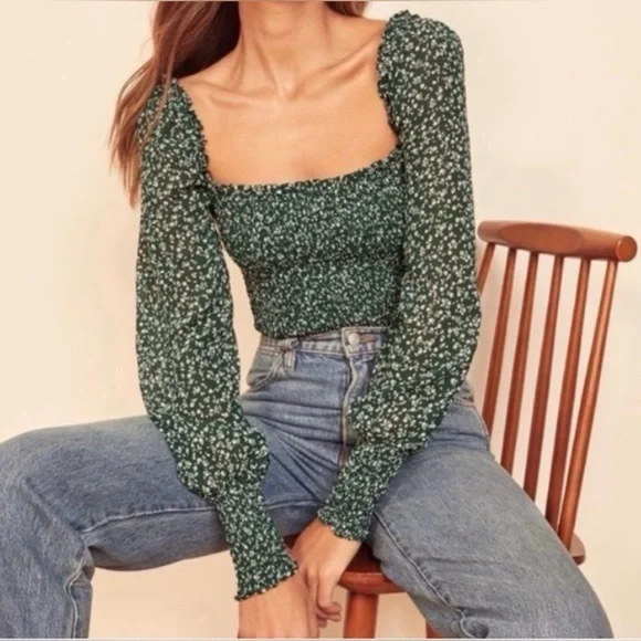 NWOT - Reformation Pinto Smocked Emerald Top